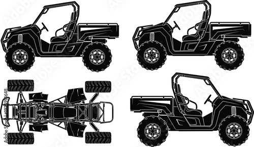 Black vector silhouette set of an off-road utility task vehicle showing side and top plan views for outdoors adventure sports and farm branding