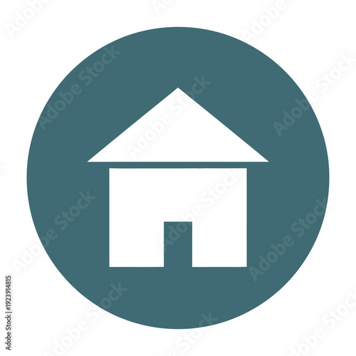 Stylized minimalist white house icon with a pitched roof and doorway set against a solid deep teal circular background representing home real estate and residential concepts with clean modern design
