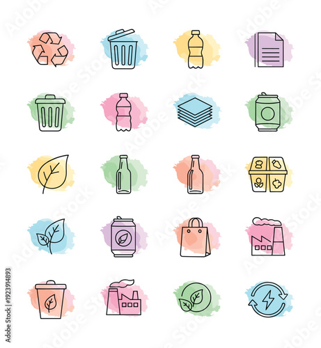 Collection of eco-friendly icons representing recycling, waste management, and sustainability concepts
