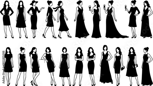 Elegant women silhouette collection, female fashion models in dresses, stylish poses, vector illustration isolated on white background set