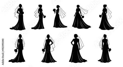 Black  White Silhouette Icons of Diverse Brides in Wedding Dresses with Veils and Bouquets