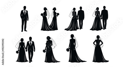 Black Silhouette Wedding Couple Icons, Bride and Groom, Vector Art