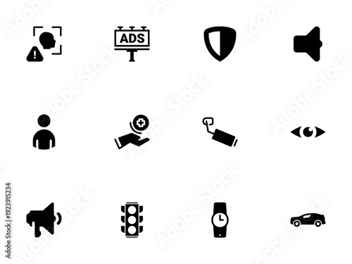 Set of 12 black icons for security, communication, transportation, and monitoring features