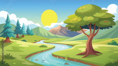 A vibrant cartoon landscape featuring green hills a winding river and a bright yellow sun