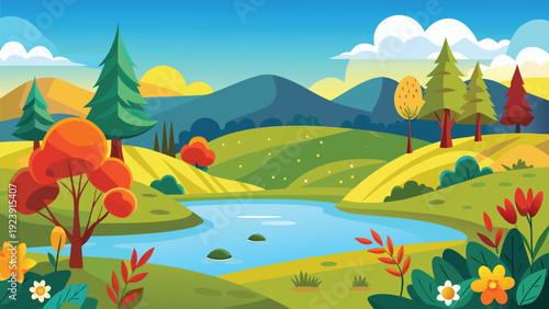 A vibrant cartoon landscape features rolling hills a winding river and lush green trees high quality