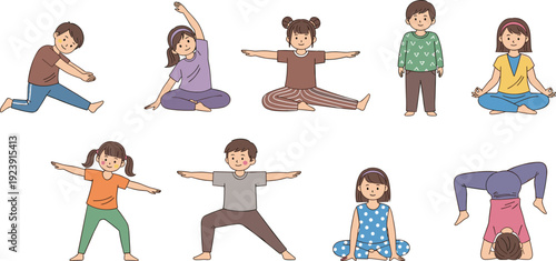 Kids yoga poses vector illustration, children exercise activity cartoon characters healthy lifestyle fitness isolated collection set bundle