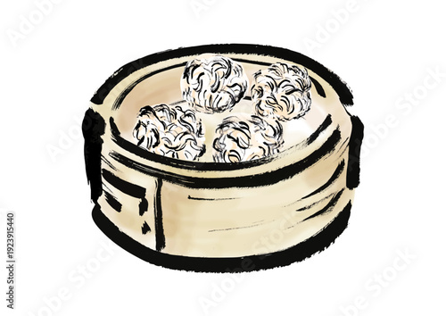 蒸篭に入っている焼売の和風筆イラスト素材