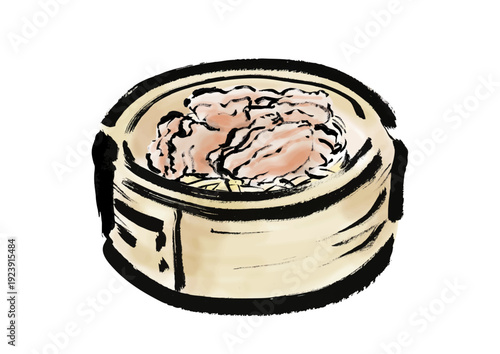 蒸篭に入った豚肉の薄切り料理の和風筆イラスト素材