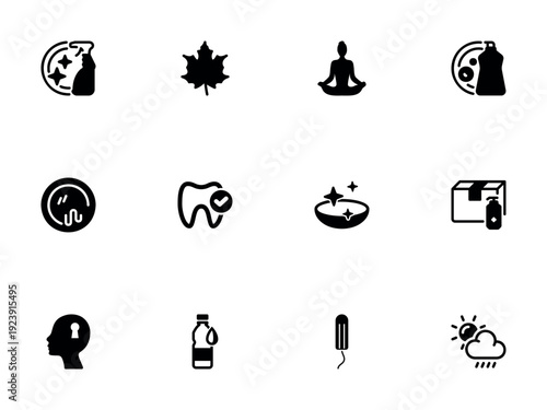 Icon set for household maintenance, personal care, health, and weather monitoring
