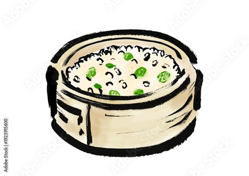 蒸篭に入っている豆おこわの和風筆イラスト素材