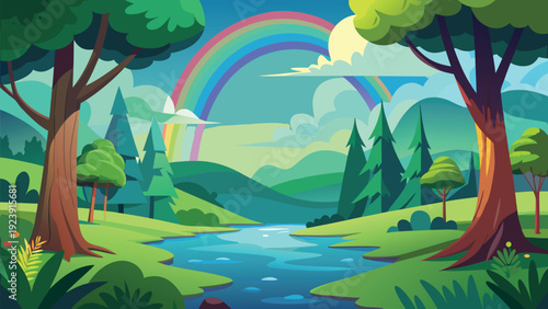 A vibrant landscape showcases a colorful rainbow arching over lush green hills and a flowing river