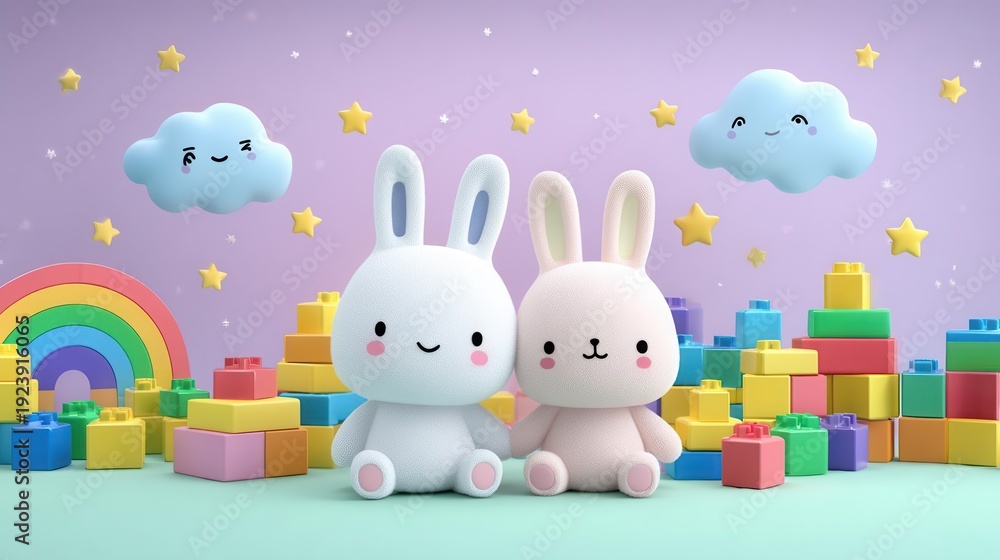 Obraz premium Cute Bunny Duo with Colorful Blocks and Rainbow