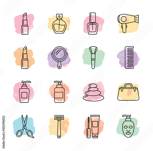Collection of beauty and personal care icons with watercolor backgrounds
