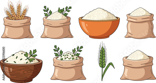 Flour and grain sacks vector set. Wheat, rice and flour in bowls and burlap bags. Organic food ingredients isolated on transparent background.
