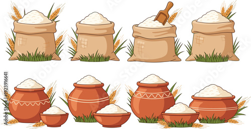 Rice sacks and clay pots set. White rice in burlap bags and traditional earthen bowls. Organic food storage illustration isolated on transparent background.