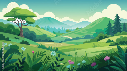 A vibrant cartoon landscape features rolling green hills trees mountains and a clear blue sky