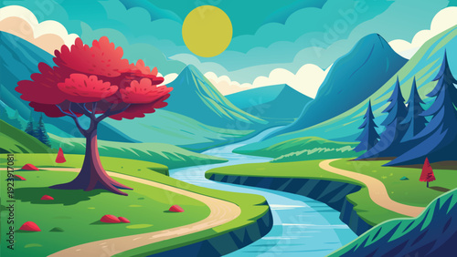 A vibrant landscape illustration featuring a red tree winding river and distant mountains high quality professional