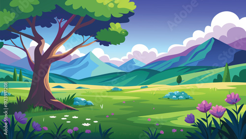 A vibrant cartoon landscape featuring a large tree mountains and a lush green meadow high quality