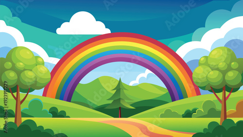 A vibrant cartoon landscape features a double rainbow arching over green hills and trees high quality
