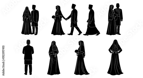 Islamic Wedding Couple Silhouettes. Traditional Muslim Bride and Groom in Hijab and Songkok Attire. Cultural Celebration People Vector Glyphs.