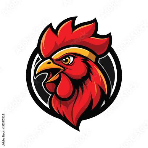 Aggressive red rooster mascot head, stylized cartoon art, with sharp beak and vibrant comb, looking determined, perfect for sports teams or gaming logos.