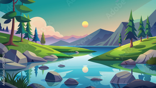 A serene landscape depicts a tranquil lake nestled amongst lush green hills and mountains high quality