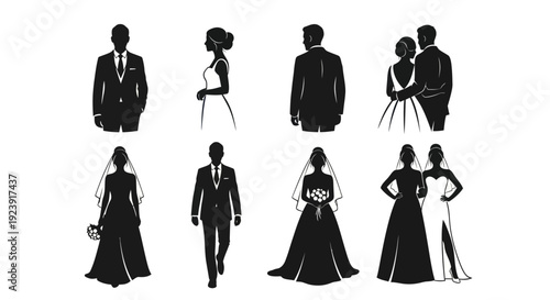 Wedding Couple Silhouettes Vector Icons Set - Black and White Minimalist Bride and Groom Glyphs for Marriage and Bridal Event Designs