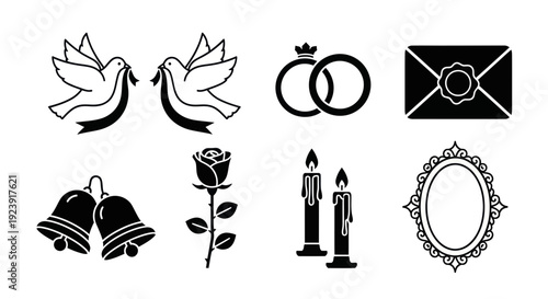 Wedding Icon Set: Love Doves, Rings, Rose, Bells, Candles, Envelope, Frame in Black  White Line Art