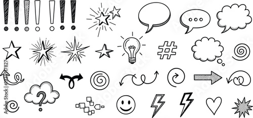 Large collection of hand drawn black and white doodles featuring speech bubbles stars arrows lightbulbs and decorative elements for creative design projects vector.