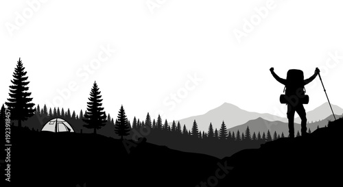 Hiker Reaching Summit in Mountain Forest Silhouette