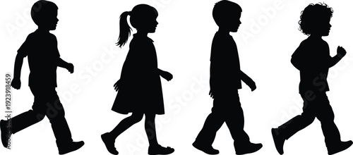 Black vector silhouette set of diverse young children including boys and girls walking and running for childhood lifestyle branding school and playground advertising
