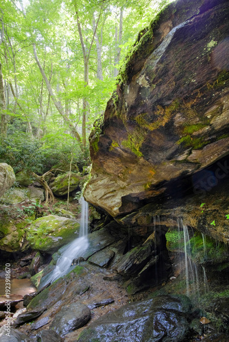 Silky water tumbles over large rocks amid lush foliage in  North Carolina, USA.