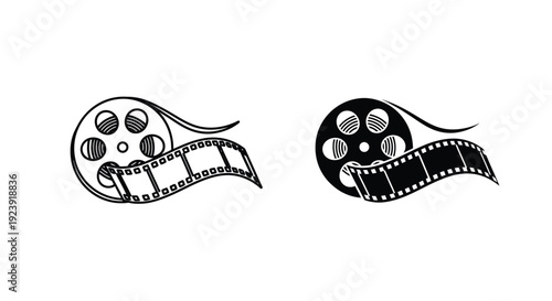 Two film reels with perforated strips depicted in a simple black and white style