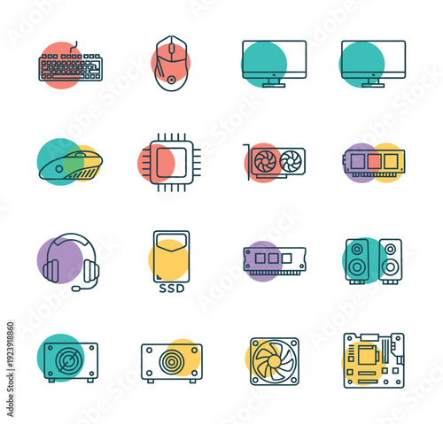 Collection of computer hardware icons with colorful circles, representing PC components and peripherals