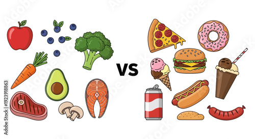 Healthy Food Versus Unhealthy Food Choices Diet Illustration