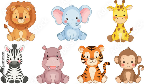Flat vector illustration set of cute baby safari animal stickers featuring a lion tiger elephant giraffe and polar bear with a jungle adventure jeep and explorer hats