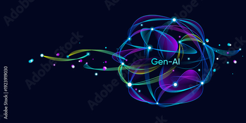 Illustration of abstract stream, AI brain concept. Artificial intelligence. Big data, technology, AI, data transfer, data flow, large language model, generative AI, LLM, NLP. NLG	