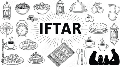 Traditional iftar gathering with food and family in Ramadan