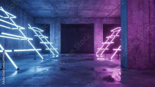 Abstract futuristic interior design with geometric neon light installations creating an atmospheric ambiance
