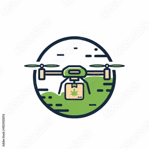 Drone delivering package with cannabis leaf symbol.