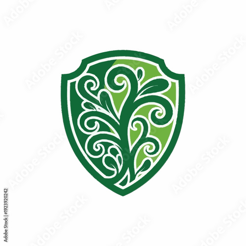 Green Shield with Floral Design Element.