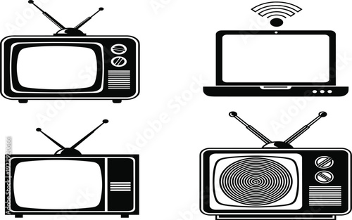 Four black and white T Vs and a laptop with a Wi- Fi signal