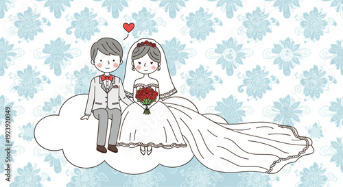 Cute Wedding Couple Sitting On Cloud Romantic Bridal Illustration With Floral Background Vector Design