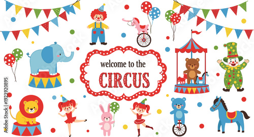 Circus Elements Collection With Clowns Animals And Decorations Cartoon Vector Illustration