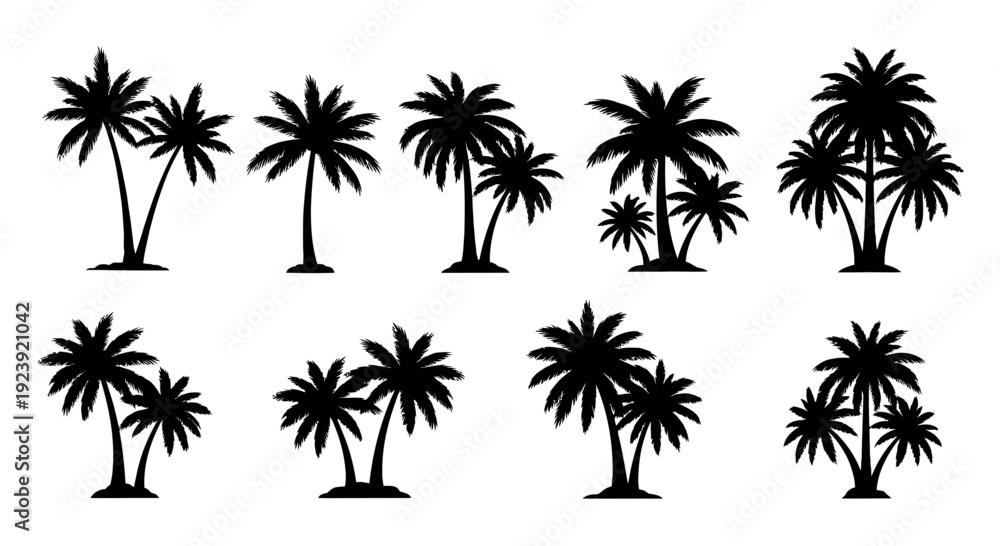 Fototapeta premium Palm Tree Silhouettes Set Tropical Island Design Elements