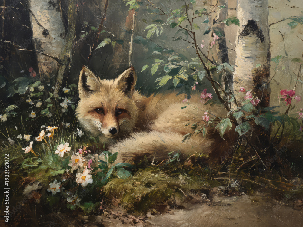 Fototapeta premium Vintage Easter Fox in Moody Spring Forest Print