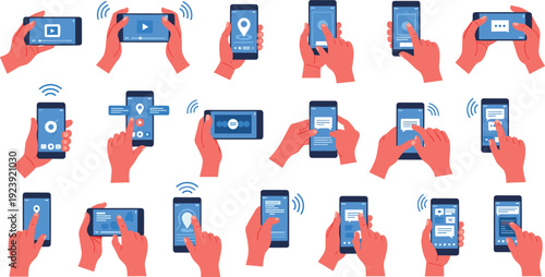 Flat vector illustration set of hands holding smartphones and using touch screen gestures for mobile app navigation social media browsing and digital communication