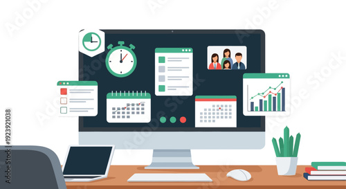 Digital Productivity and Business Management Concept with Icons on Desktop Screen