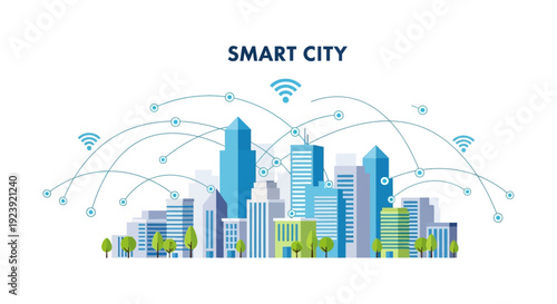 Smart City Illustration: Connected Urban Landscape with Digital Network, IoT Infrastructure & Wireless Communication Technology