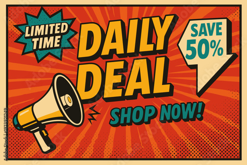 Colorful Pop Art Style Promotional Graphic Featuring Loudspeaker and Bold Text